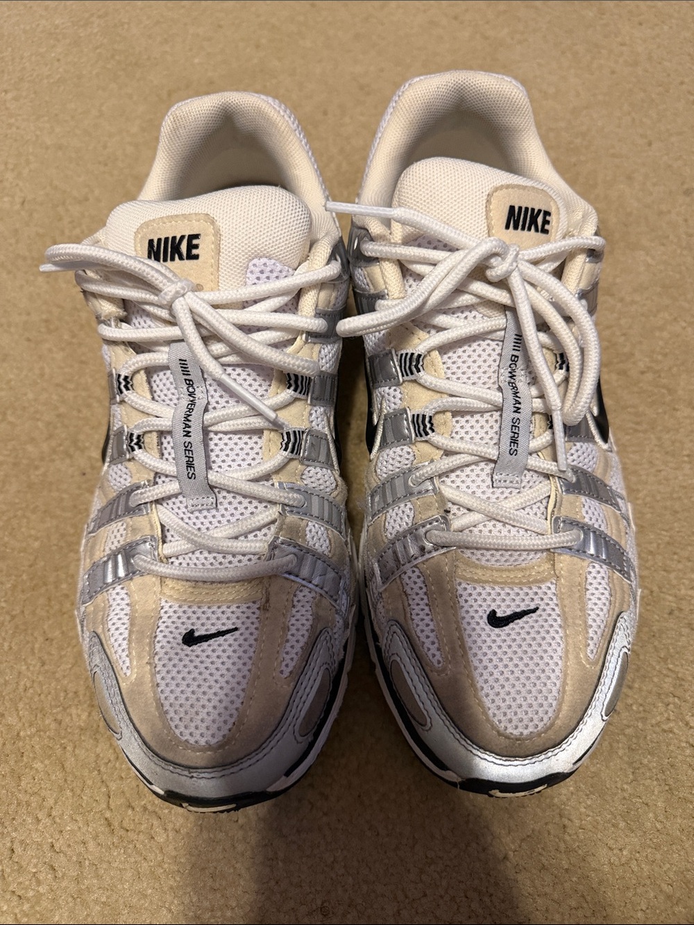 Nike Women's White and Beige/Silver Mesh Sneakers
